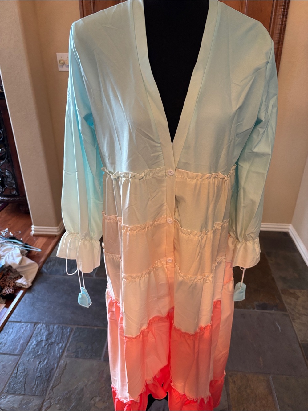 Colorblock Tie-Front Maxi Dress - Mint, Cream & Coral - Picture 2 of 5